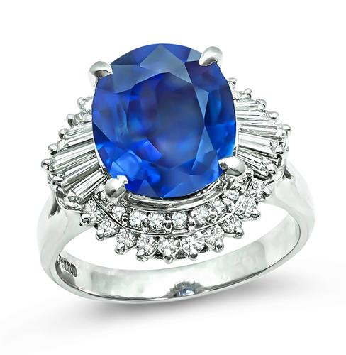 Oval Cut Sapphire Round and Baguette Cut Diamond Platinum Engagement Ring