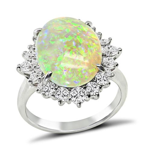 Oval Cut Opal Pear and Round Cut Diamond Platinum Ring