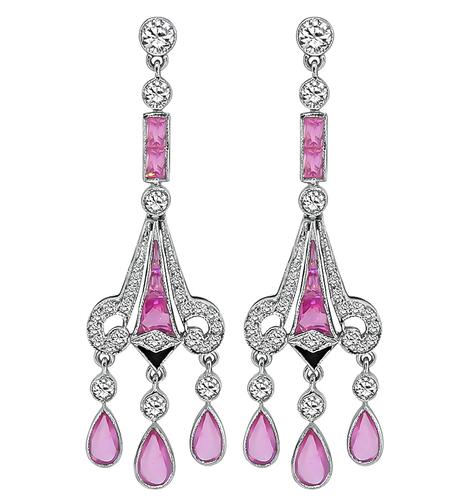 Pear and French Cut Pink Sapphire Round Cut Diamond Onyx 18k White Gold Earrings