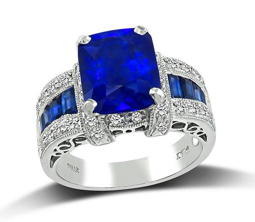 Art Deco Style Cushion Cut Sapphire Round Cut Diamond Platinum Engagement Ring