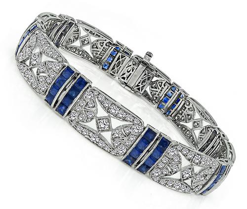 Art Deco Style Round Cut Diamond Square French Cut Sapphire 18k White Gold Bracelet