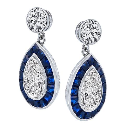 Round and Pear Shape Diamond Faceted Cut Sapphire Platinum and 14k White Gold Dangling Earrings