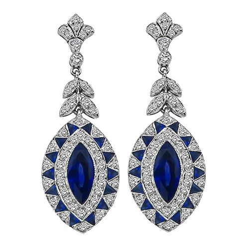 Marquise and Trilliant Cut Sapphire Round Cut Diamond 18k White Gold Earrings