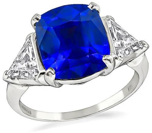 Cushion Cut Sapphire Trilliant Cut Diamond Platinum Engagement Ring