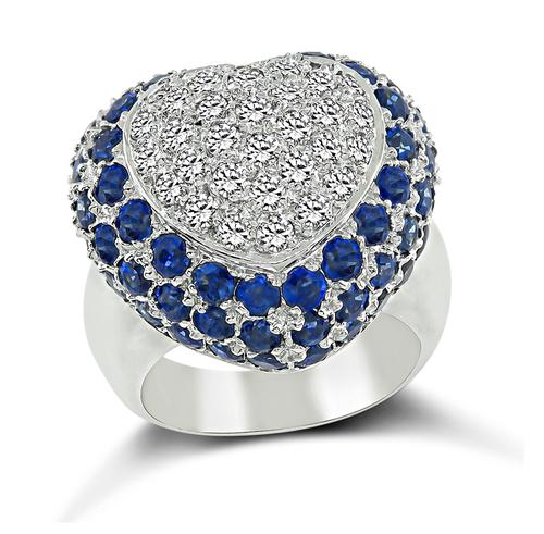 Round Cut Diamond and Sapphire 18k White Gold Heart Ring