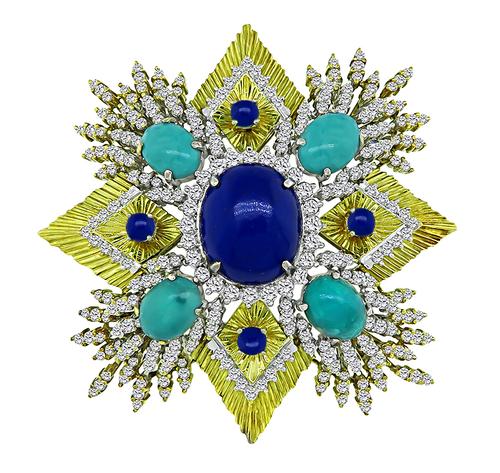 Round Cut Diamond Cabochon Lapis and Turquoise 18k Yellow and White Gold Pin / Pendant