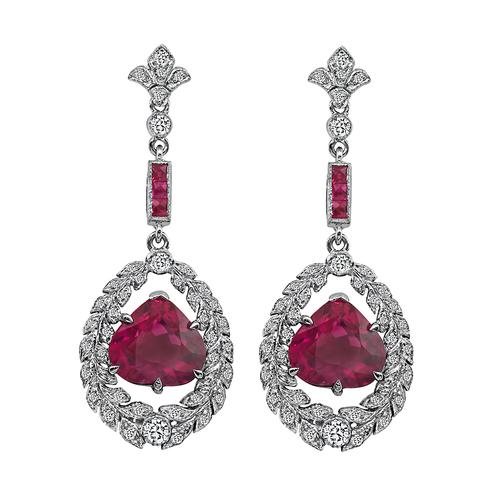 Pear Shape Rubellite Round Cut Diamond 18k White Gold Earrings