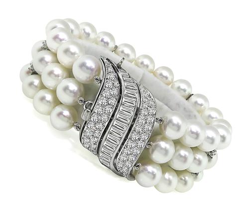 Round and Baguette Cut Diamond Pearl 14k White Gold Clasp Bracelet