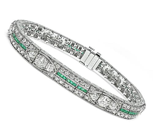 Round Cut Diamond Square Cut Emerald Platinum Bracelet
