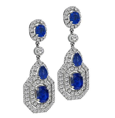 Oval and Pear Cut Sapphire Round Cut Diamond 18k White Gold Dangling Earrings 