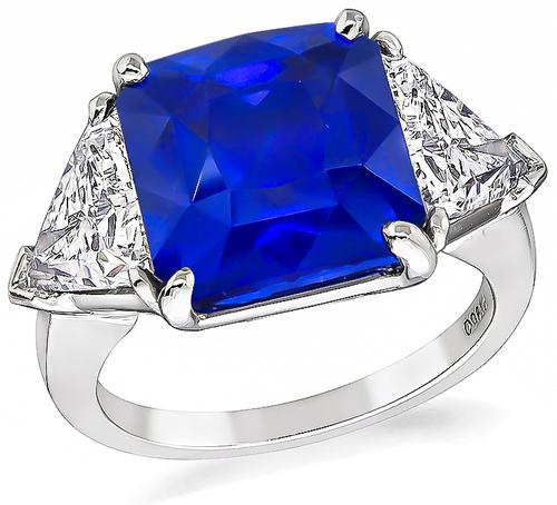 French Faceted Square Cut Sapphire 1.03ct and 1.04ct Trilliant Cut Diamond Platinum Engagement Ring