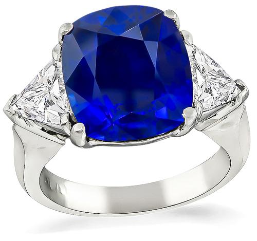 Cushion Cut Ceylon Sapphire Trilliant Cut Diamond Platinum Engagement Ring