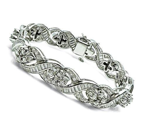 Round and Baguette Cut Diamond 14k White Gold Bracelet