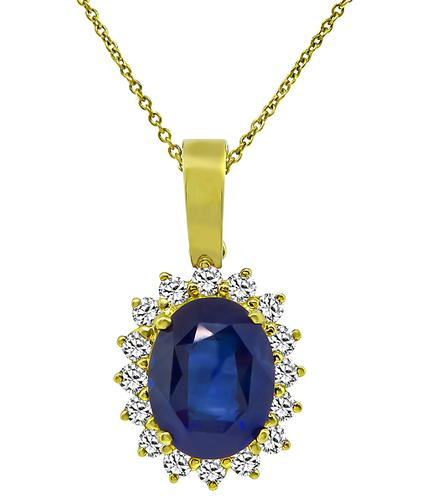 Oval Cut Sapphire Round Cut Diamond 18k Yellow Gold Pendant