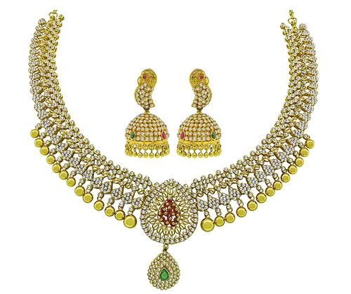 Rose Cut Diamond Emerald Ruby 22k yellow Gold Necklace and Earrings Set