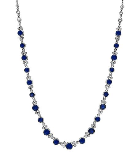 Round Cut Sapphire and Diamond 18k White Gold Necklace