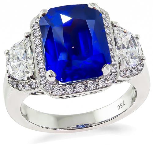 Modified Cushion Cut Ceylon Sapphire Half Moon and Round Cut Diamond 18k White Gold Engagement Ring