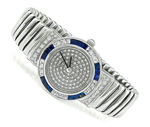 Round and Tapered Baguette Cut Diamond Tapered Baguette Cut Sapphire 18k White Gold Quartz Watch by Roberge