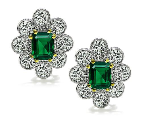 Emerald Cut Emerald Round Cut Diamond Platinum and 14k White Gold Earrings