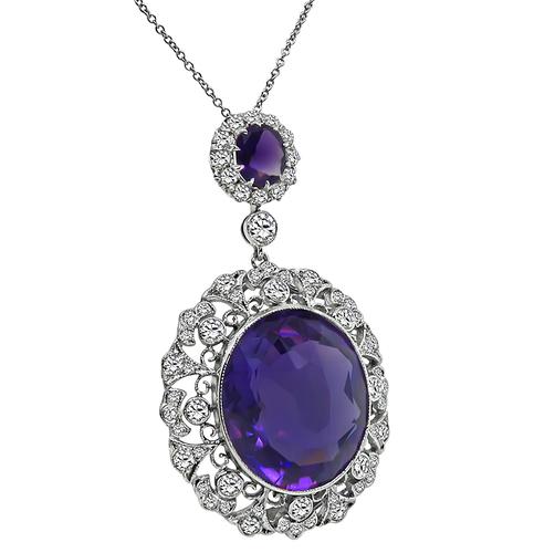 Oval Cut Amethyst Round Cut Diamond 18k White Gold Pendant Necklace