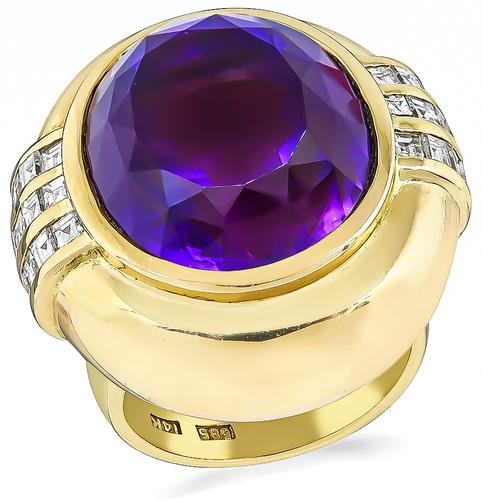 Cushion Cut Amethyst Carre Cut Diamond 14k Yellow Gold Ring