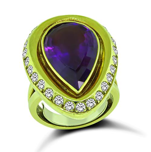 Pear Shape Amethyst Round Cut Diamond 18k Yellow Gold Ring