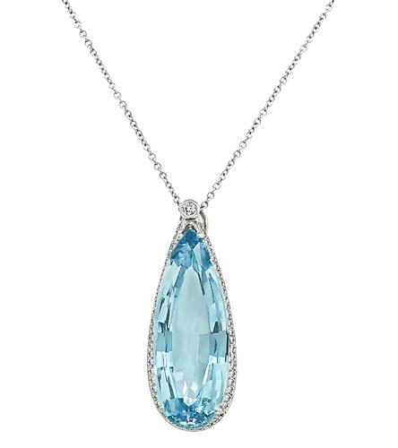 Pear Shape Aquamarine Round Cut Diamond 14k White Gold Pendant Necklace