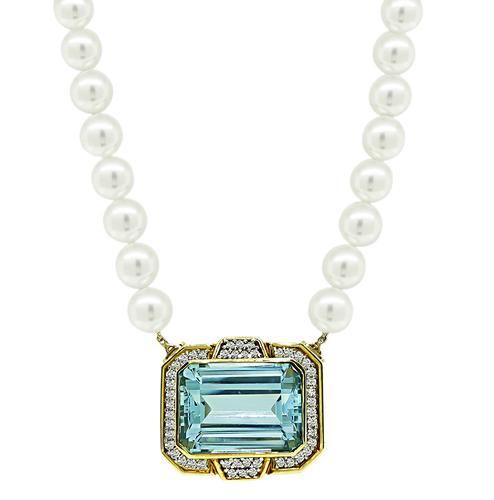 Emerald Cut Aquamarine Round Cut Diamond 18k Yellow Gold Pearl Pin / Pendant Necklace