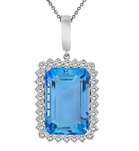 Emerald Cut Aquamarine Round Cut Diamond 14k White Gold Pendant