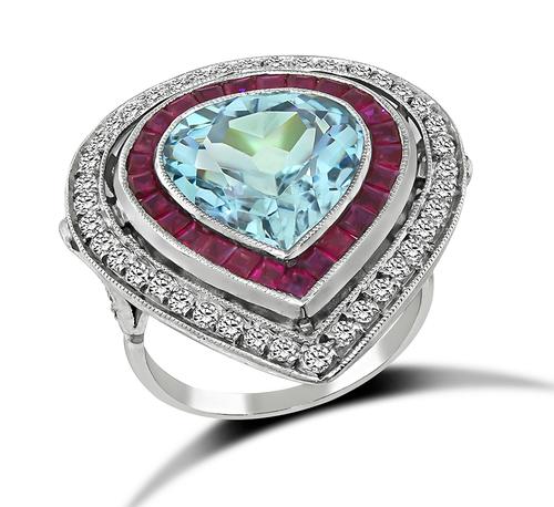 Art Deco Pear Shape Aquamarine Round Cut Diamond Square Cut Ruby Platinum Ring