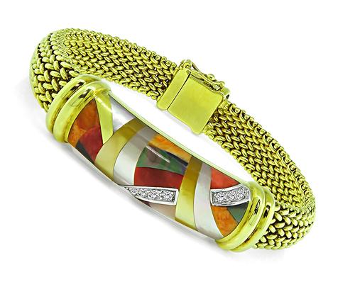 14k Yellow Gold Multi Color Gemstone Inlay Bracelet by Asch Grossbardt
