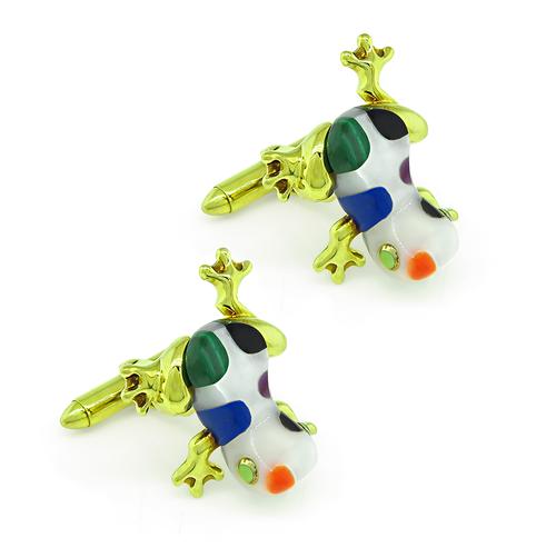 18k Yellow Gold Multi Gemstone Inlay Frog Cufflinks by Asch Grossbardt