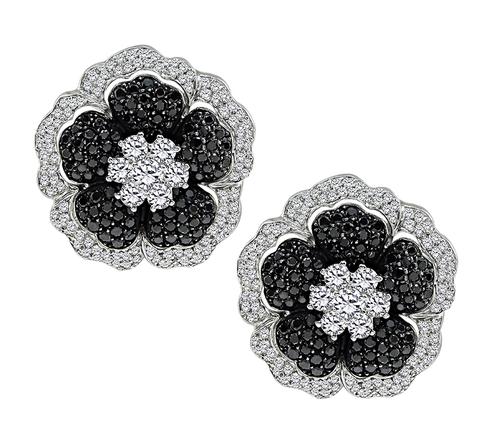 Round Cut Black and White Diamond 18k White Gold Flower Earrings