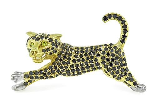 Round Cut Black Diamond 14k Yellow and White Gold Cat Pendant