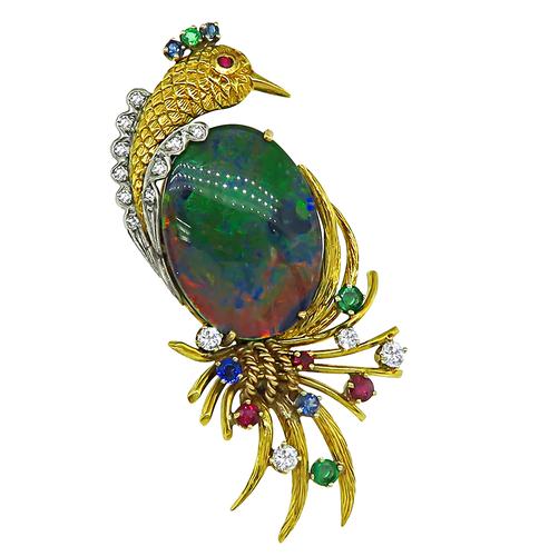 Oval Cut Black Opal Round Cut Diamond Sapphire Emerald and Ruby 18k Yellow Gold Bird Pin