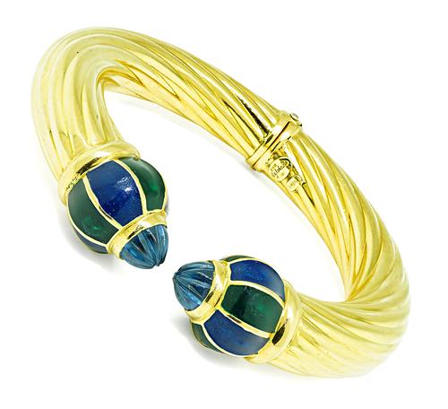 18k Yellow Gold Blue Topaz Enamel Bangle