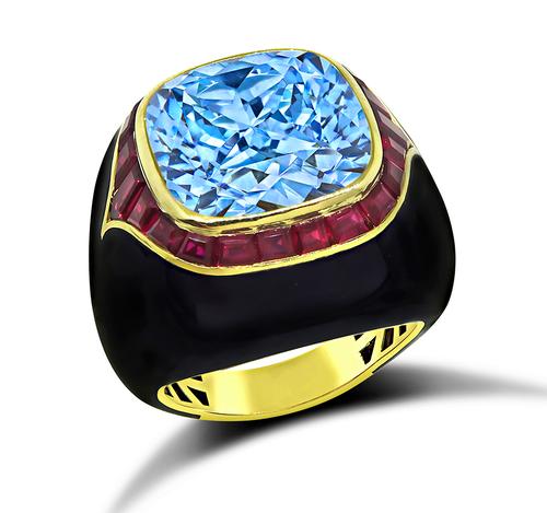 Cushion Cut Blue Topaz Ruby Onyx 18k Yellow Gold Ring