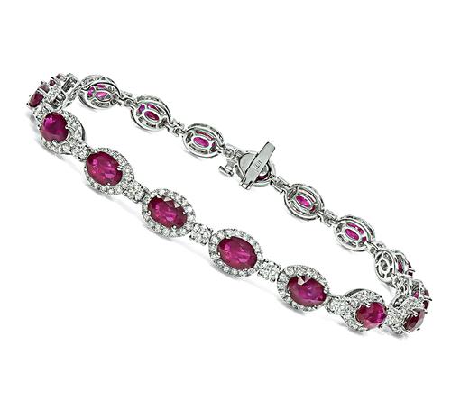 Oval Cut Burma Ruby Round Cut Diamond 18k White Gold Bracelet
