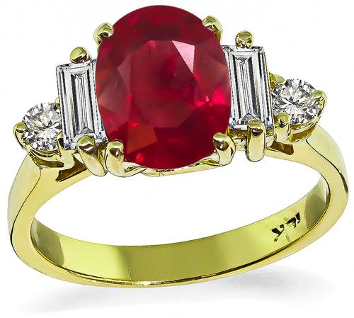 Oval Cut Burma Ruby Baguette and Round Cut Diamond 18k Yellow Gold Engagement Ring