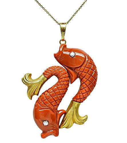 18k Yellow Gold Carved Coral Round Cut Diamond 18k Yellow Gold Koi Pendant