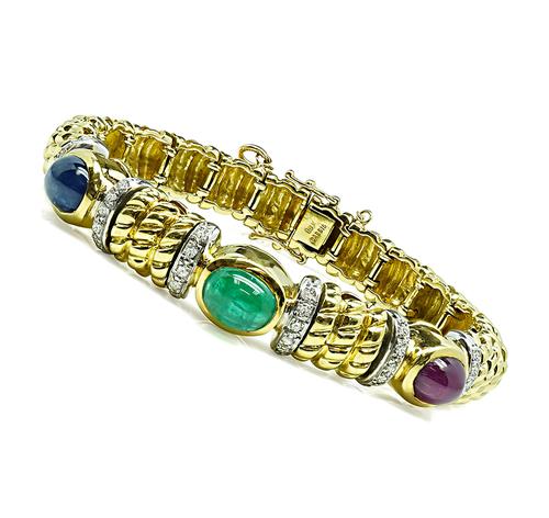 Cabochon Sapphire Emerald and Ruby Round Cut Diamond 18k Yellow and White Gold Bangle by Cassis
