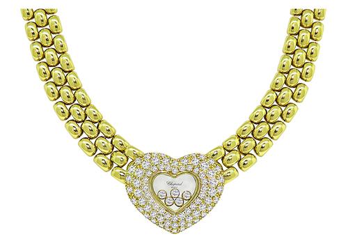 Round Cut Diamond 18k Yellow Gold Happy Heart Necklace by Chopard