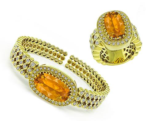 Oval Cut Citrine Round Cut Diamond 14k Yellow Gold Bangle and Ring Set