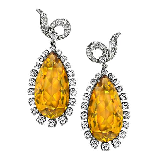 Pear Shape Citrine Round Cut Diamond 14k White Gold Earrings