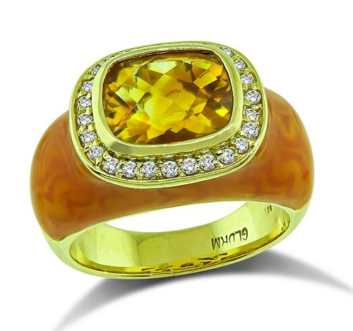 Checkerboard Citrine Round Cut Diamond Enamel 14k Yellow Gold Ring