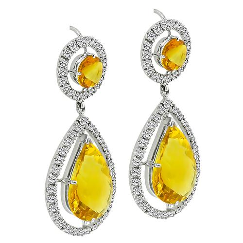 Round Cut Diamond Pear and Round Cut Citrine 18k White Gold Dangling Earrings