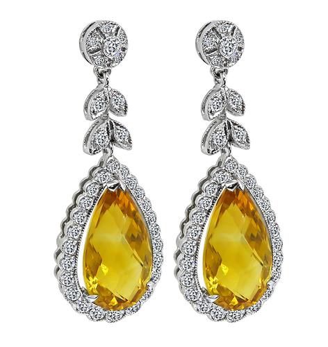 Pear Shape Citrine Round Cut Diamond 18k White Gold Earrings