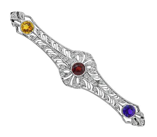 Round Cut Amethyst Garnet and Citrine Old Mine Cut Diamond Platinum Pin