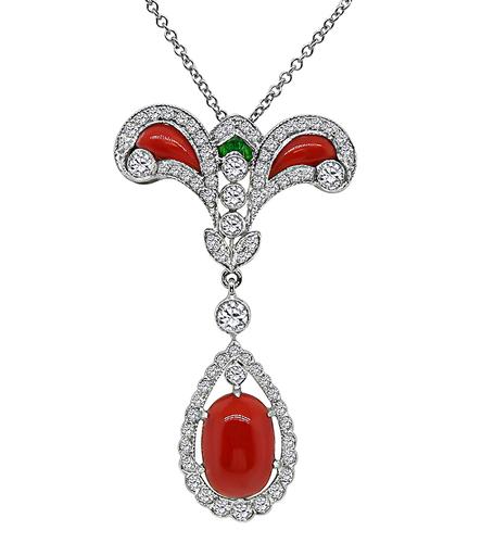 Cabochon Coral Round Cut Diamond 18k White Gold Pendant Necklace