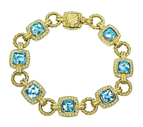 Cushion Cut Blue Topaz Round Cut Diamond 18k Yellow Gold Bracelet by David Yurman